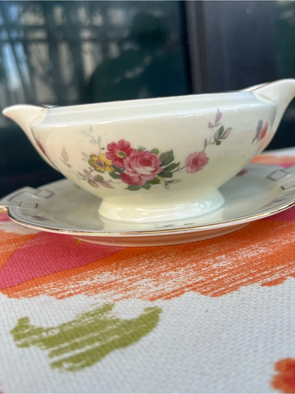 Vintage MECO Czechoslovakia Porcelain Gravy Boat Underplate Floral Gold Trim